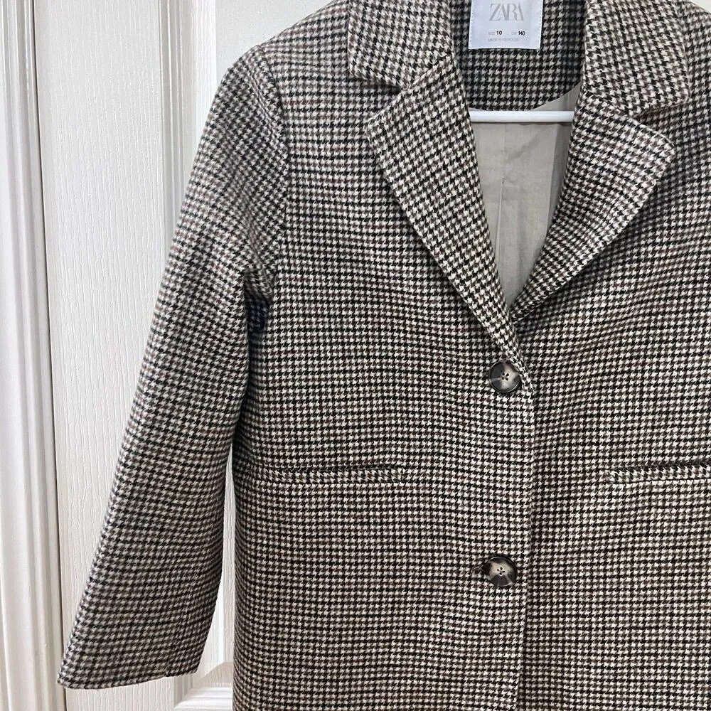 Zara Girls Two Tone Wool Blend Plaid Tweed Coat Brown Black Size 10